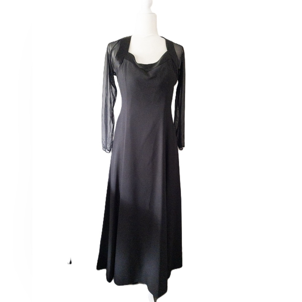 Vintage Black Evening Gown With Sheer Mesh Sleeves & Open Back Design SZ S 90's